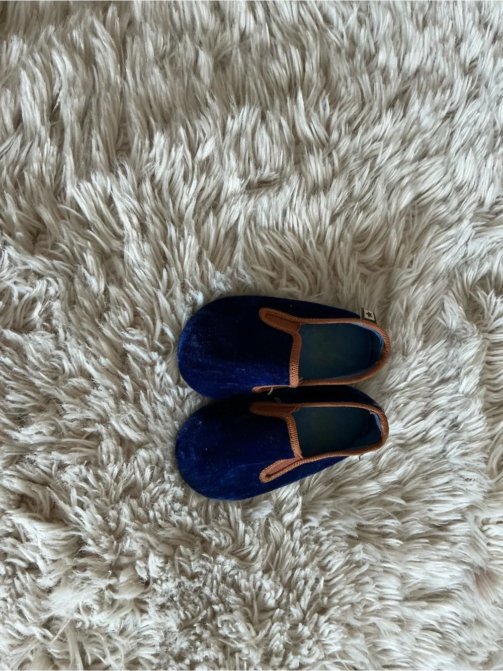 Bonton Navy Blue Velvet Kids Slippers with Brown Trim